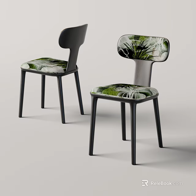 Modern Single Chair With Green Tropical Leaf Pattern Seat And Black Metal Legs Design 3d model 