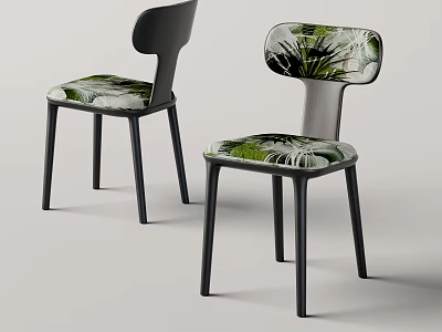 Modern Single Chair With Green Tropical Leaf Pattern Seat And Black Metal Legs Design 3d model