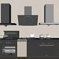 Modern Kitchen Interior With Three Range Hoods Gas Stove Oven And Cabinets