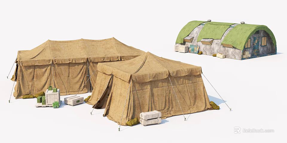 Brown Canvas Tents With White Storage Boxes In Outdoor Camping Setup 3d model