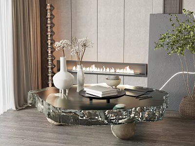 Elegant Crystal Glass Coffee Table With Floral Vase Books And Fireplace Background 3d model