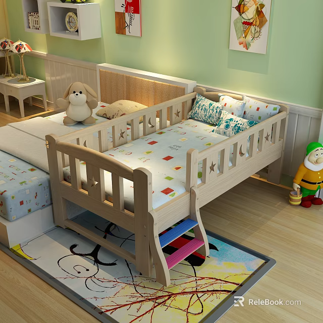 Cozy Wooden Kids Bed with Guardrail Ladder Colorful Cartoon Pattern and Stuffed Animals 3d model 