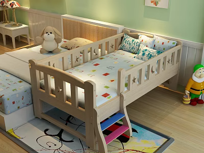 Cozy Wooden Kids Bed with Guardrail Ladder Colorful Cartoon Pattern and Stuffed Animals 3d model