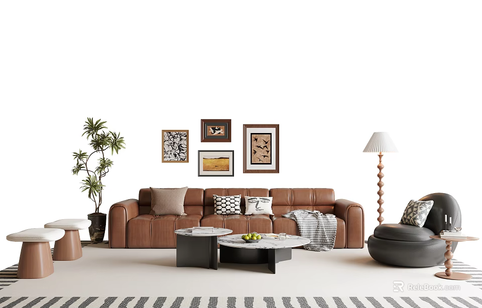 Brown Leather Sofa Coffee Table Set With Throw Pillows Framed Wall Art And Floor Lamp 3d model 