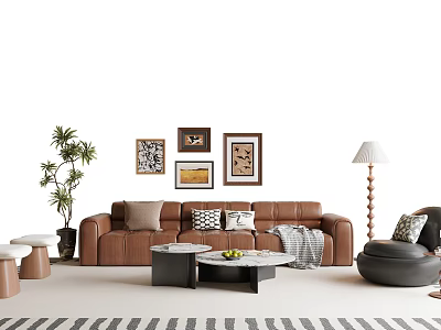 Brown Leather Sofa Coffee Table Set With Throw Pillows Framed Wall Art And Floor Lamp 3d model