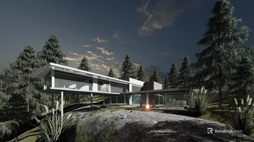 Modern Detached Villa With Glass Facade And Natural Forest Surroundings On Hillside 3d model 