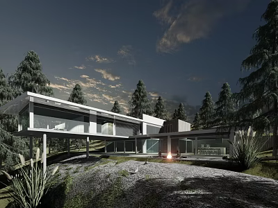 Modern Detached Villa With Glass Facade And Natural Forest Surroundings On Hillside 3d model