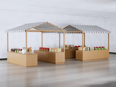 Wooden Retail Booths With Striped Awnings Displaying Various Merchandise On Shelves 3d model