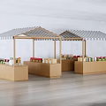 Wooden Retail Booths With Striped Awnings Displaying Various Merchandise On Shelves