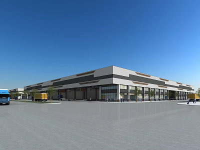 Modern Industrial Factory Building With Large Windows Spacious Parking And Delivery Trucks 3d model