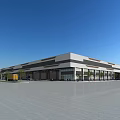 Modern Industrial Factory Building With Large Windows Spacious Parking And Delivery Trucks