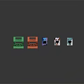 Colorful Commercial Equipment Display Stands In Green Orange Pink Blue With Cards On Black Background