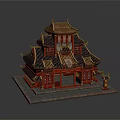 Cartoon Style Traditional Chinese Building With Red Pillars Golden Roofs And Lantern