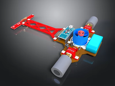Mechanical Electronic Device With Red Frame Blue Circuit Board And Cylindrical Parts 3d model