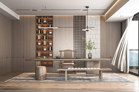 Qui Ji Tea Room Tea Table Chair Tea Stool Tea Cabinet Chandelier Tea Table Tea Set Storage Rack Decorative Cabinet 3d model