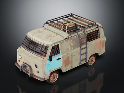 Vintage Van Model With Rusty Worn Beige Blue Paint Roof Rack Tire And Side Ladder 3d model