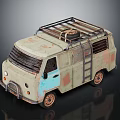 Vintage Van Model With Rusty Worn Beige Blue Paint Roof Rack Tire And Side Ladder