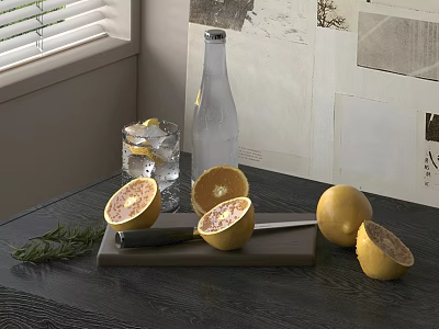Refreshing Glass Cup With Ice Cubes Lemon Slice Rosemary And Grapefruit Halves On Dark Tabletop 3d model