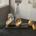 Refreshing Glass Cup With Ice Cubes Lemon Slice Rosemary And Grapefruit Halves On Dark Tabletop