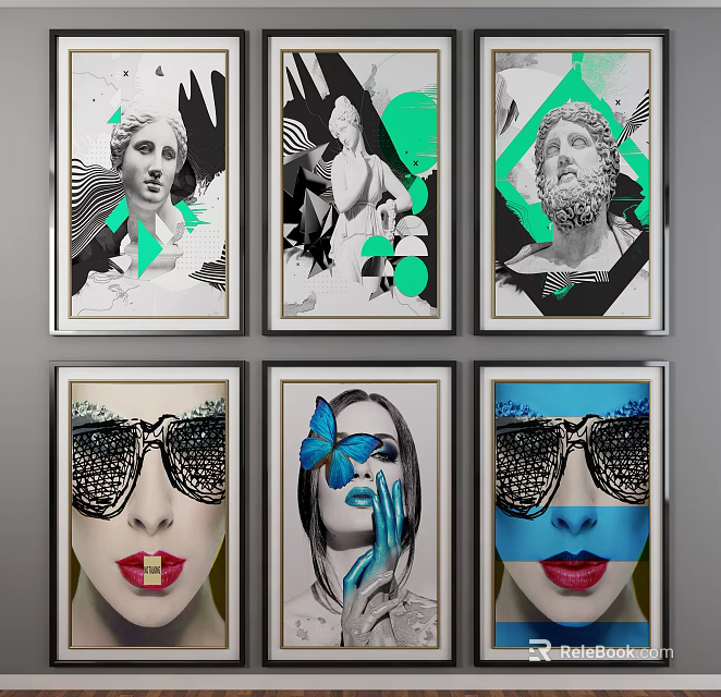 Classical Sculpture And Modern Female Portrait Paintings With Geometric Shapes Butterfly And Colorful Decorative Elements 3d model 