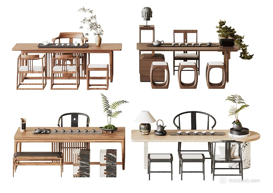 Modern Chinese Style Wooden Tea Table And Chairs With Tea Sets Potted Plants And Decorative Items 3d model 