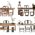 Modern Chinese Style Wooden Tea Table And Chairs With Tea Sets Potted Plants And Decorative Items