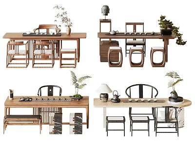Modern Chinese Style Wooden Tea Table And Chairs With Tea Sets Potted Plants And Decorative Items 3d model