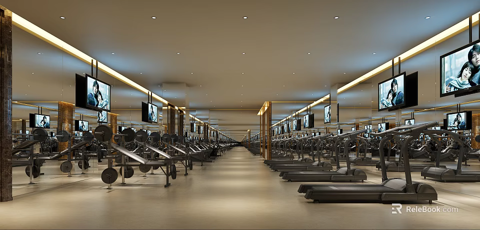 Spacious Well Lit Fitness Gym With Treadmills Dumbbells And TV Screens For Effective Workout Sessions 3d model 