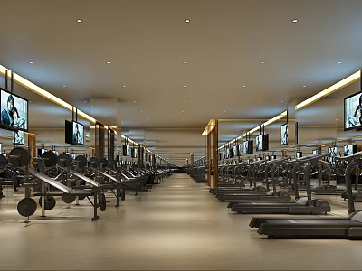 Spacious Well Lit Fitness Gym With Treadmills Dumbbells And TV Screens For Effective Workout Sessions 3d model