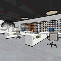 Modern Office Reception Area With White Desk Office Chairs Pendant Lights And Bookshelves