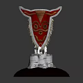 Red Shield Shaped Decorative Furniture Piece With Golden Decoration And White Tree Stump Base