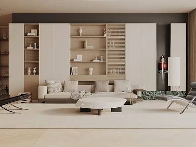 Modern Living Room Interior With Wall Units Shelves Sofa Coffee Table And Floor Lamp 3d model