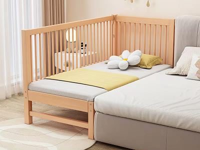 Wooden Kids Bed with Safety Rail Yellow Blanket and Flower Shaped Cushions in Bright Bedroom 3d model