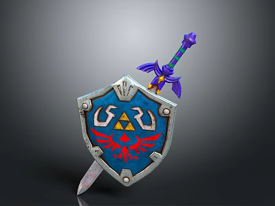 Decorative Weapon Collection Featuring Blue Shield With Red Eagle Emblem And Purple Hilt Sword 3d model