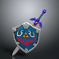 Decorative Weapon Collection Featuring Blue Shield With Red Eagle Emblem And Purple Hilt Sword