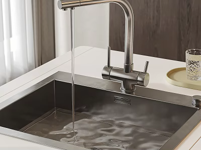 Stainless Steel Kitchen Sink With Water Flowing From Faucet On Countertop 3d model