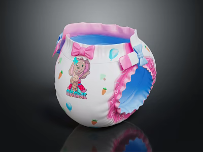Cute Baby Diaper With Pink White Edges Blue Lining Bows And Cartoon Carrot Heart Patterns 3d model