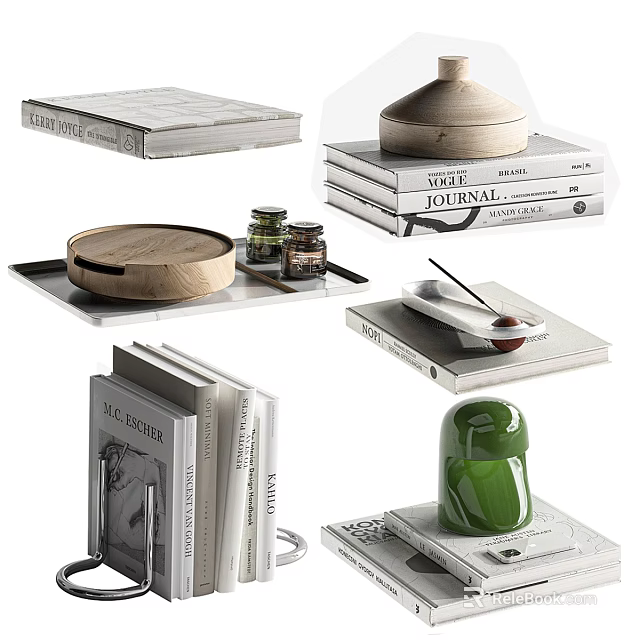 Stylish Decorative Ornament Set With Stacked Books Wooden Trays And Green Vase For Home Decor 3d model 