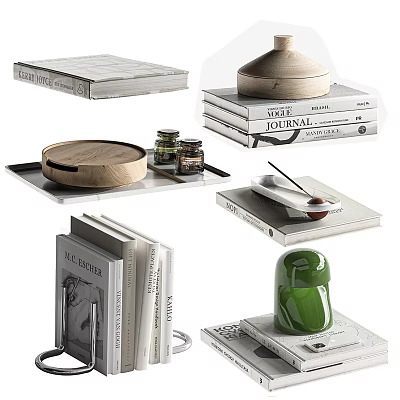 Stylish Decorative Ornament Set With Stacked Books Wooden Trays And Green Vase For Home Decor 3d model