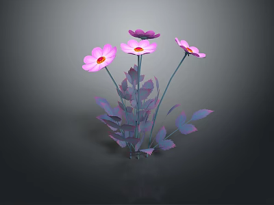 Four Pink Flowers With Yellow Centers And Purple Leaves On Stems Against Dark Background 3d model