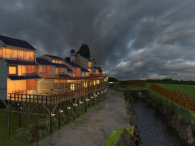 Ancient Architecture Lit Up with Warm Lights Alongside Countryside River and Fields 3d model