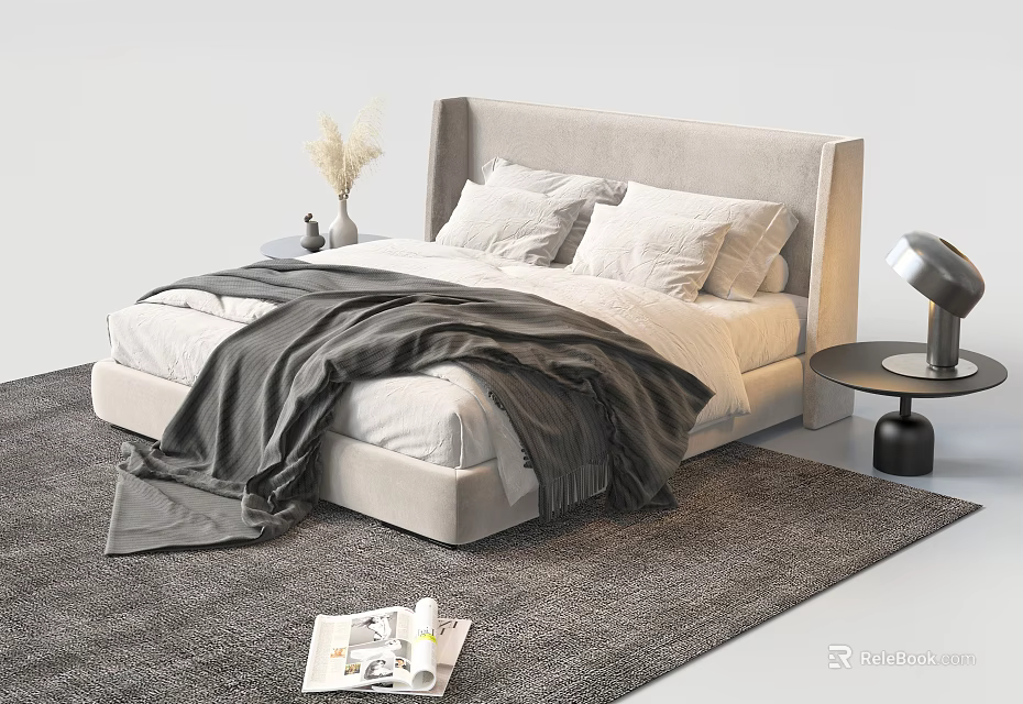 Elegant Double Bed With Light Gray Headboard Gray Blanket Pillows Black Side Table Gray Rug 3d model
