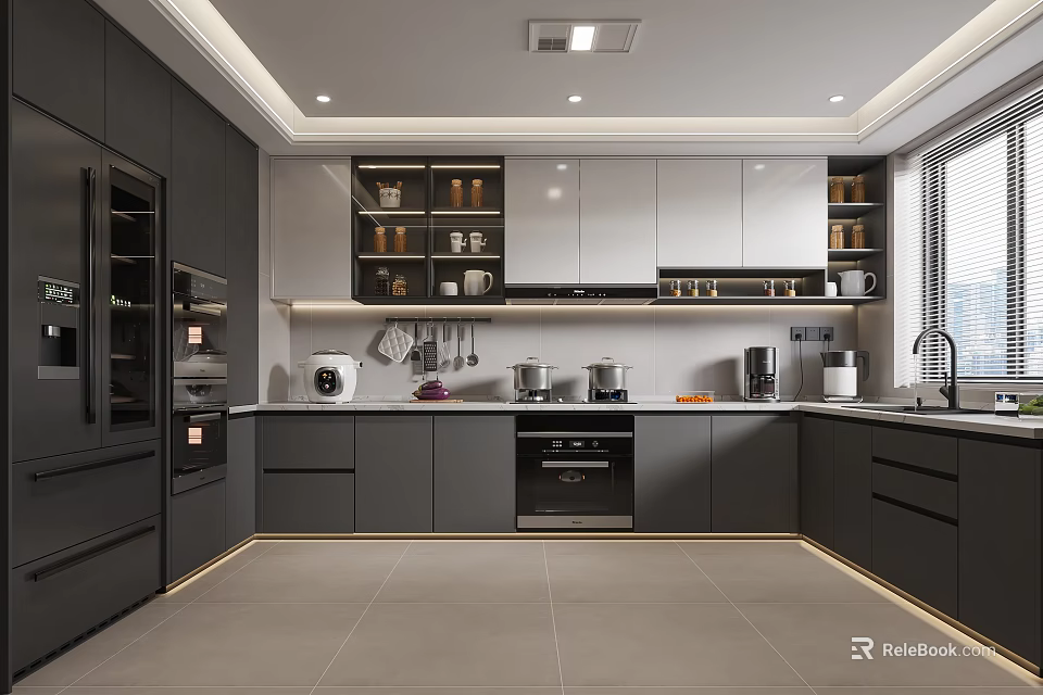 Modern Kitchen Interior With Dark Cabinets Built-in Appliances And Gray Tile Flooring 3d model 