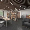 Public Office Space With Open Layout Desks Computers Wooden Bookshelves Sofas And Modern Ceiling Lights