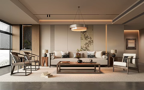 New Chinese Style Song Style Living Room Sofa Coffee Table Combination TV Cabinet Leisure Chair Sofa Stool 3d model