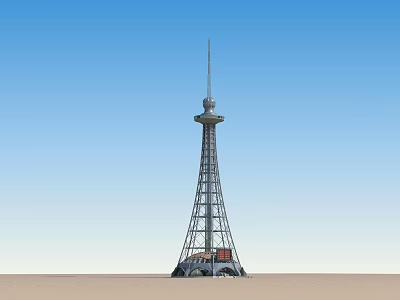 Slender Metal Tower With Antenna On Top Against Blue Sky Background 3d model