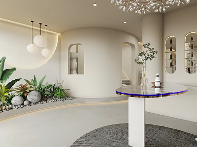 Modern Beauty Salon Interior With Curved Walls Green Plants Round Counter Display Shelves And Chandelier 3d model