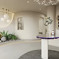 Modern Beauty Salon Interior With Curved Walls Green Plants Round Counter Display Shelves And Chandelier