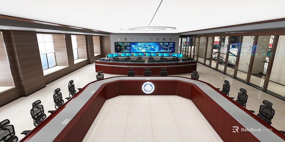 Modern Monitoring Room Interior With Multiple Digital Screens Control Consoles And Chairs 3d model 