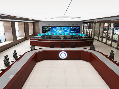 Modern Monitoring Room Interior With Multiple Digital Screens Control Consoles And Chairs 3d model